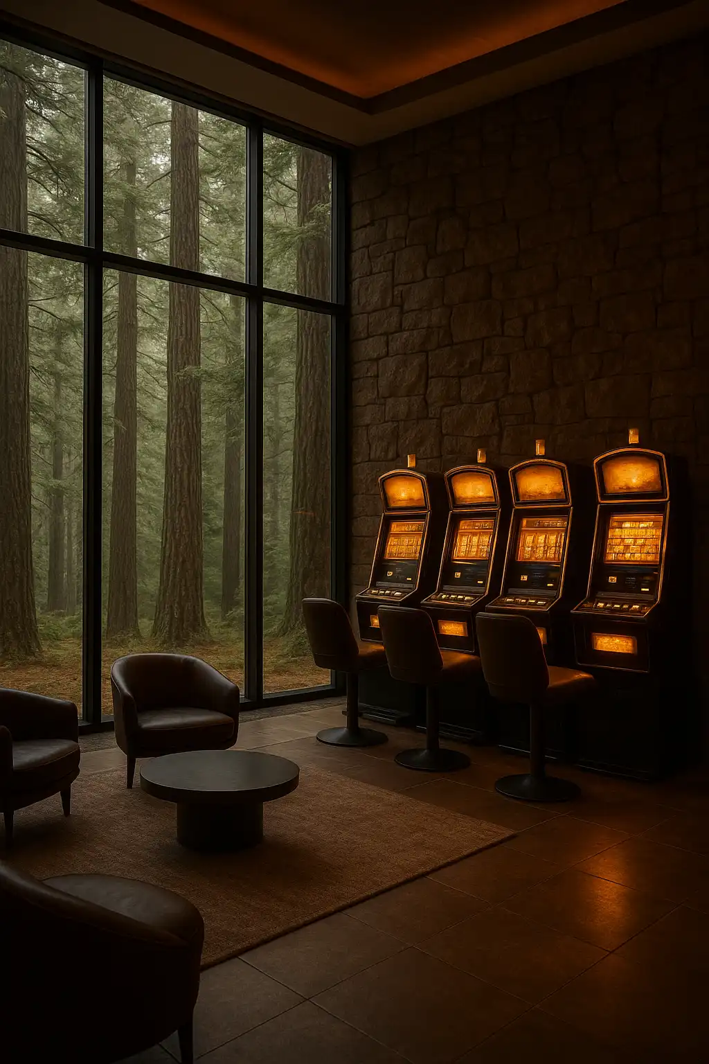 Salle de casino moderne dans un chalet en cedre entoure de foret